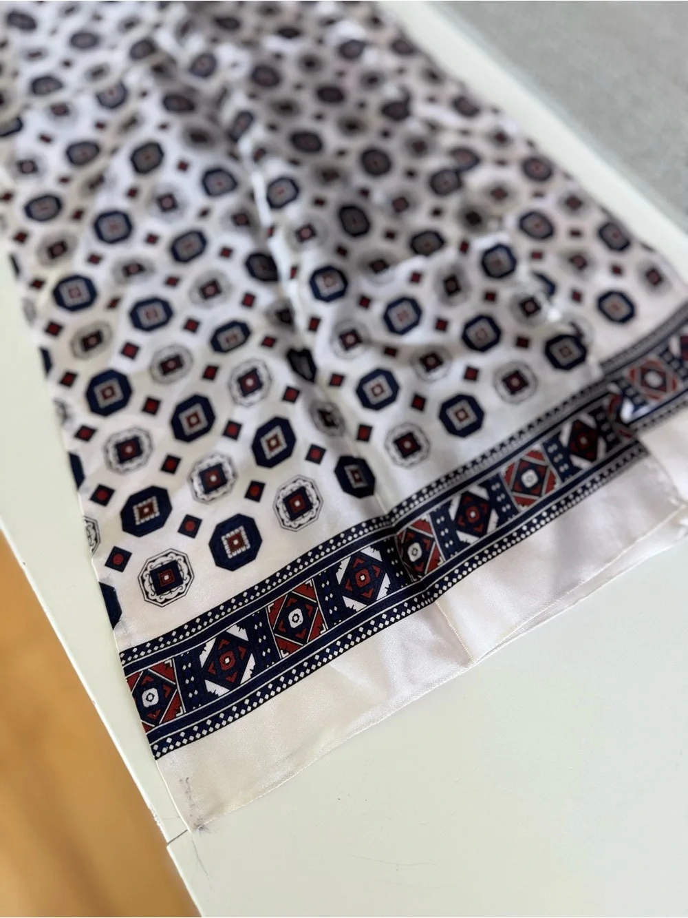Vintage 70’s White Rectangular Scarf or Belt with Navy Red Geometric Print